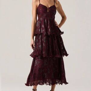Astr Burgundy Floral Tiered Midi Dress
